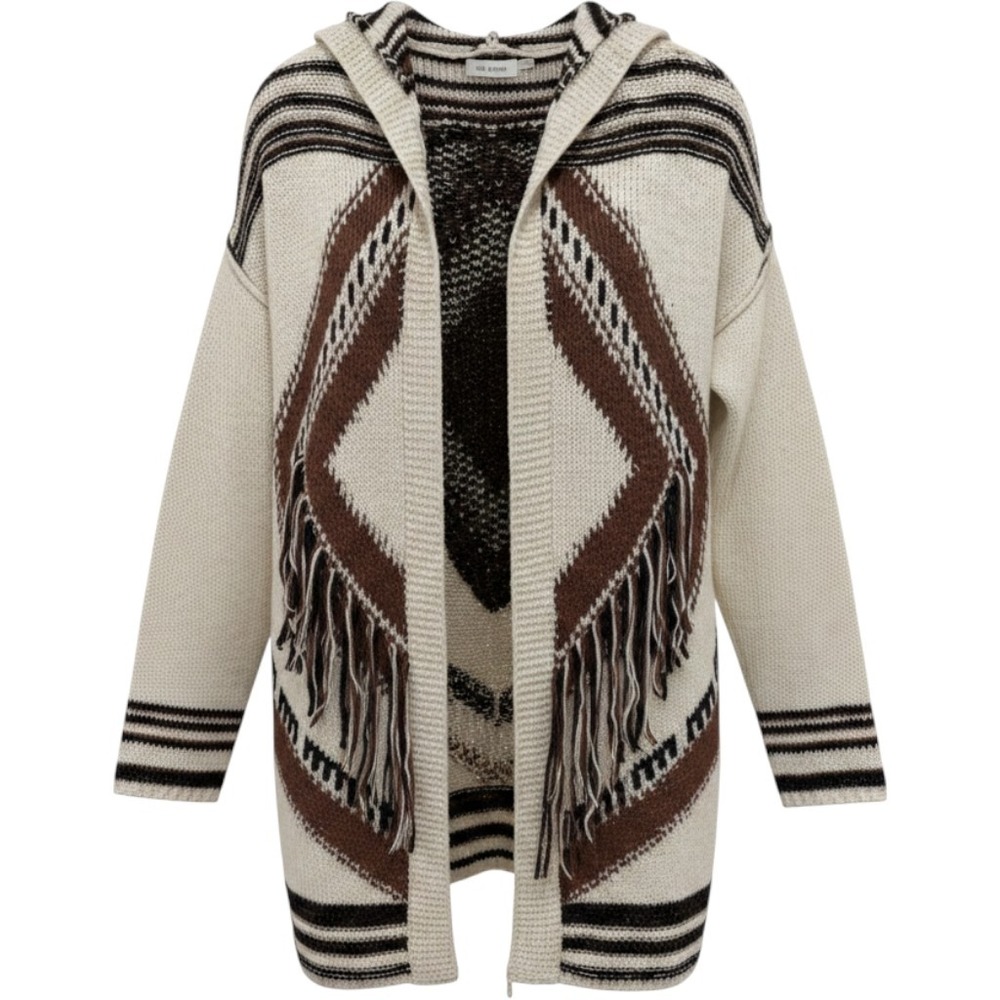Blu Pepper Southwestern Fringe Hooded Cardigan BA3690 Cream Brown Small